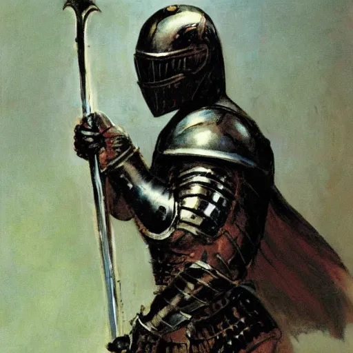 Prompt: a knight in pitch black armour, holding a sword pointed to the ground, painted by frank frazetta