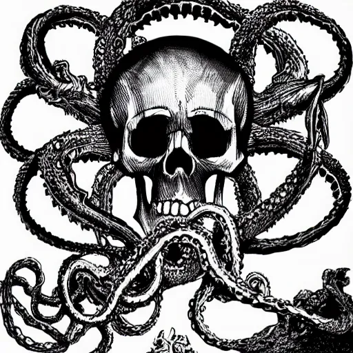 Image similar to skull of a pirate with tentacles protruding out at the bottom of the ocean