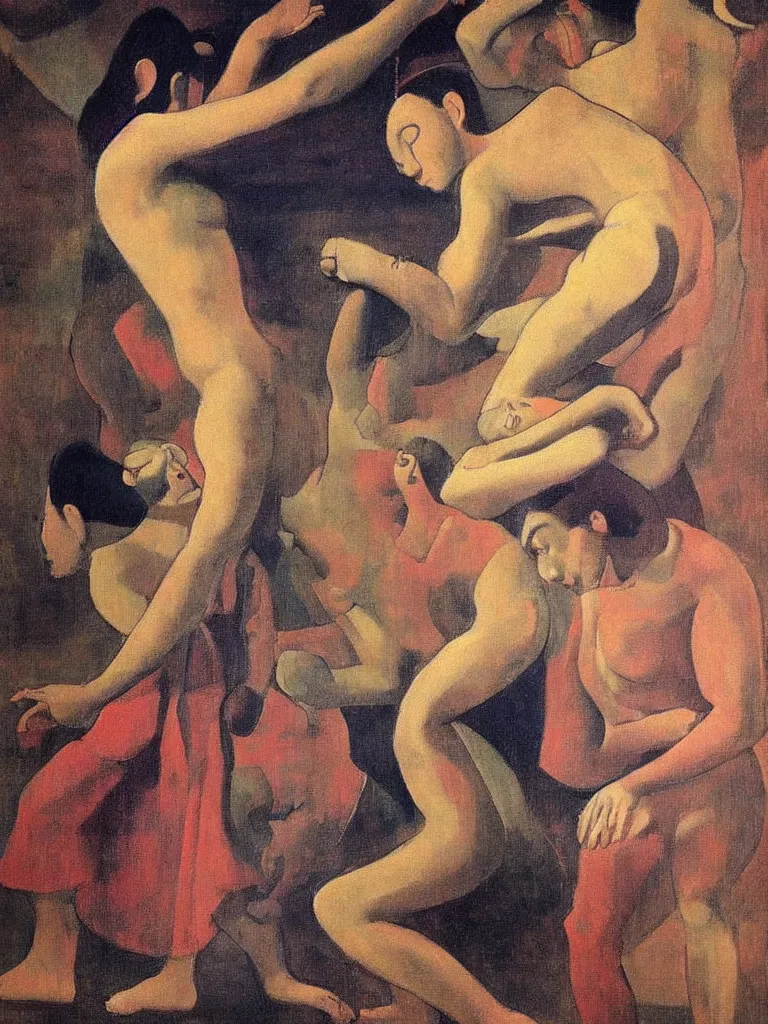 Prompt: High quality realistic photo of “Dakinis dancing in Aether”. Inspired by Mogao Caves, Shiko Munakata, Praxiteles, Michelangelo. Paul Gauguin style colour palette. Bill Henson style chiaroscuro lighting. Classical aesthetic; seductive. Chinese concubines, skinny, muscular, highly defined muscles, wet, wearing Noh masks, lotus holding. Kodak Ektar, 200 ISO, full length shot, youthful realistic faces.
