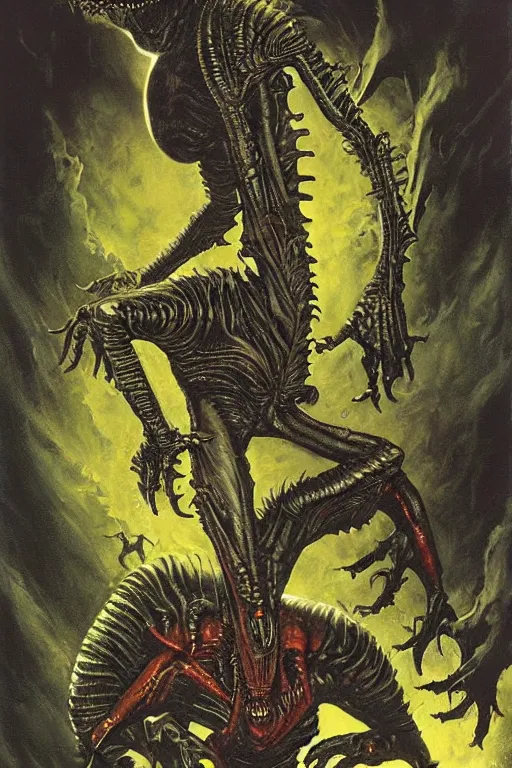 Image similar to alien monster by wayne barlow, basil gogos, ryan pancoast, greg staples, norman rockwell