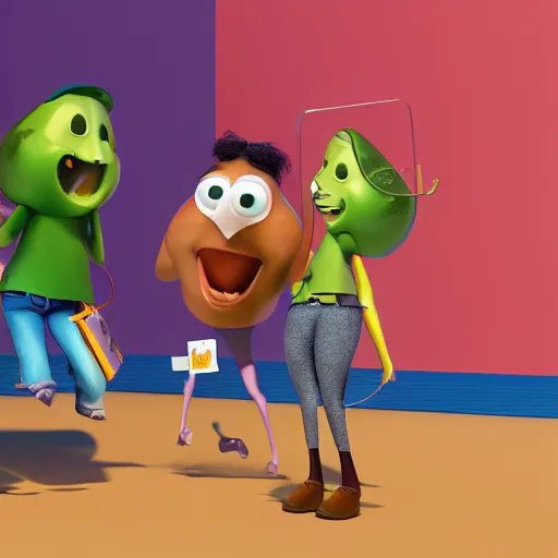 Prompt: illustration of two happy people exchanging items, pixar - style, 3 d render