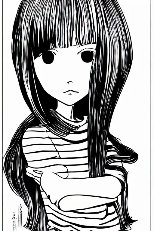 Image similar to portrait of a girl in long pants and a top, hands in pockets, eyes closed, bob haircut, digital art, black and white, manga style, by junji ito