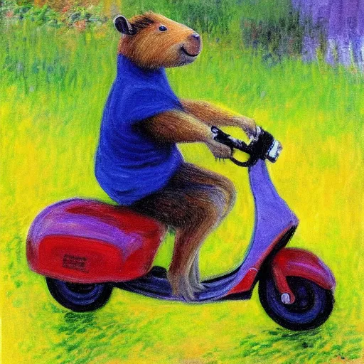 Image similar to painting of a capybara riding a razor scooter in the style of Claude Monet