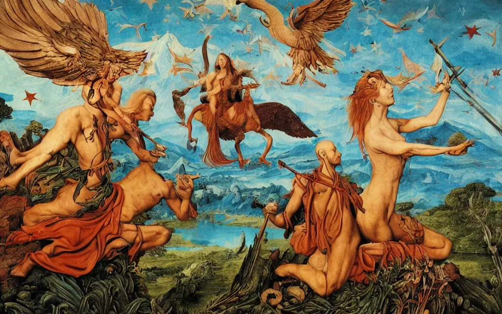 Prompt: a portrait photograph of a meditating harpy and a centaur king riding eagles and hunting at a river delta. surrounded by bulbous trees. mountain range under a blue sky of fiery stars. by jan van eyck, max ernst, ernst haeckel, ernst fuchs and artgerm, artstation, daily deviation, 8 k