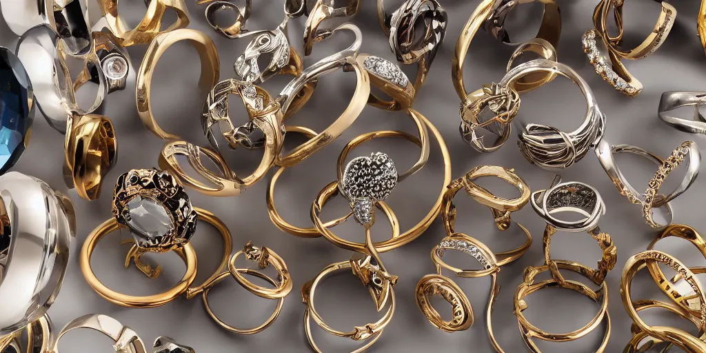 Image similar to maximalist style collection of rings in a display cabinet, product shot, studio lighting, contemporary design