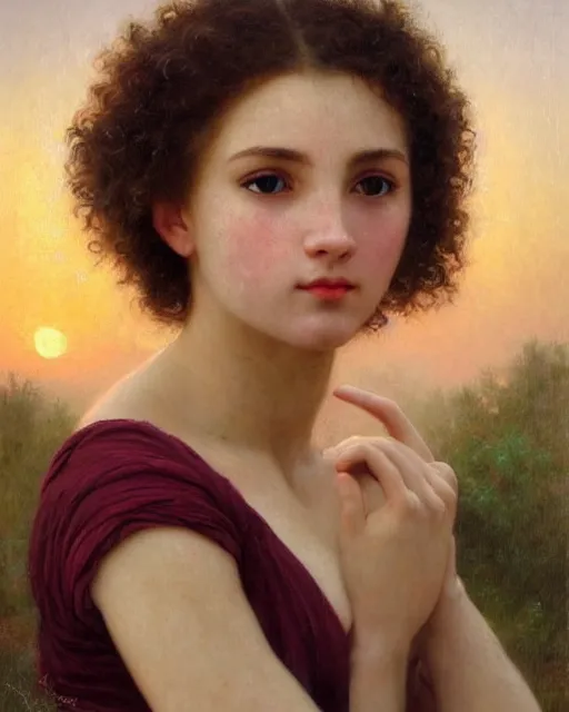 Prompt: beautiful glorious realistic oil painting of a girl, short hair, curly hair, bokeh, in the style of bouguereau, well framed, sunset, highly detailed and photorealistic, 8 k high detail and intricate