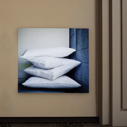 Image similar to Security camera photo of 2 flying pillows, photo was taken in front of someone door, realistic, low resolution.
