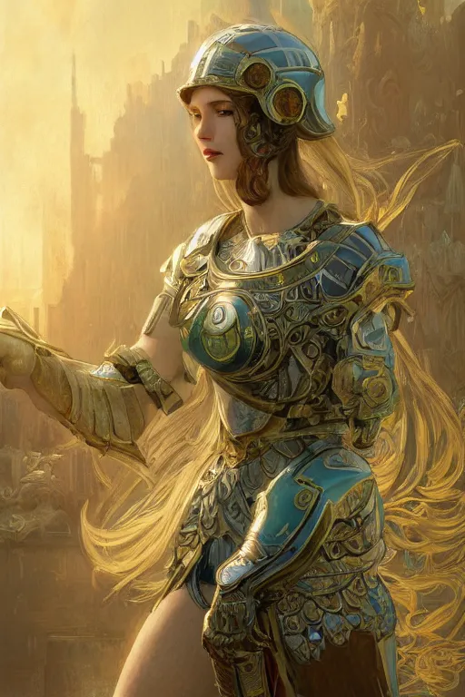 Image similar to portrait knights of Zodiac girl, metalic green and white reflected armor, in ruined Agora of Athens sunrise, ssci-fi, fantasy, intricate, very very beautiful, elegant, golden light, highly detailed, digital painting, artstation, concept art, smooth, sharp focus, illustration, art by tian zi and WLOP and alphonse mucha