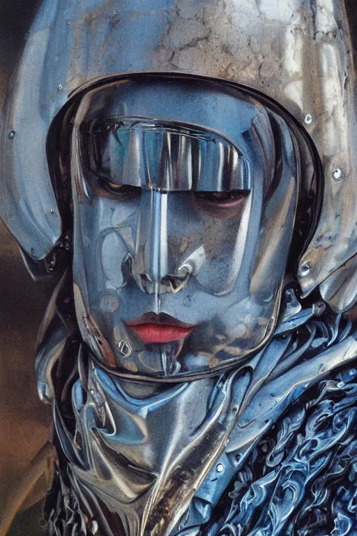 Image similar to hyperrealism oil painting, close-up portrait of medieval euopean fashion model, knight, steel gradient mixed with water swirls sky, in style of baroque mixed with 70s japan book art