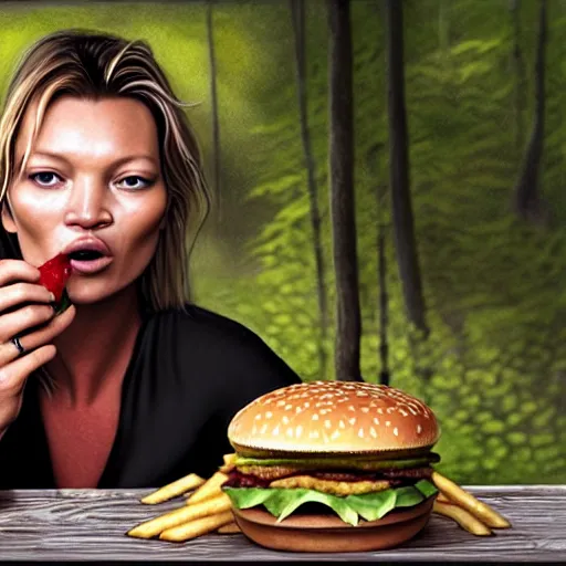 Image similar to A beautiful hyper realistic ultra detailed lifelike matte painting of Kate Moss eating big macs in the forest, serving fries, covered in ketchup, unreal engine, deviantart, flickr, artstation, octane render, textured, colorful, extreme realistic detail, physically based rendering, pbr render, very detailed, volumetric lighting, detailed lighting, octane render, 4k, cinematic lighting, 8k resolution