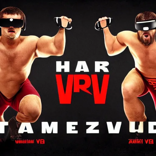 Prompt: wrestlers wearing vr headsets, vr goggles, shrugging, shrugging arms, tap out, fight club, tapping out, minimalistic, trending on art station, poster art by grzegorz domaradzki