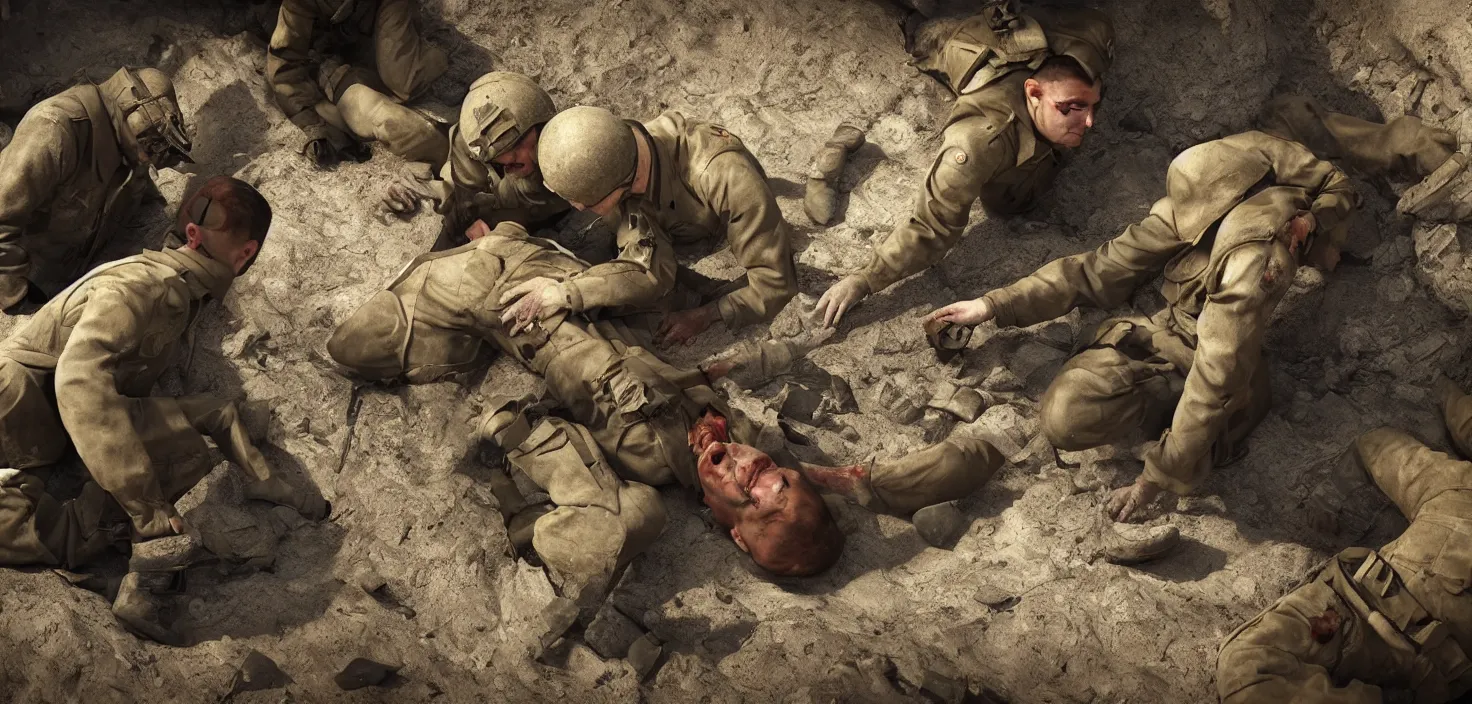 Prompt: a wounded world war two soldier is tended to in a trench by a priest and a medic, as bullets whiz by. 3 d render, ultra realistic, octane render, artstation, unreal engine 5