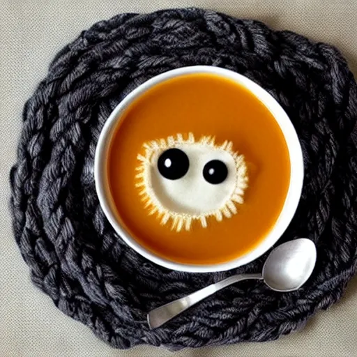 Prompt: a bowl of soup that looks like a monster, all as knitted yarn