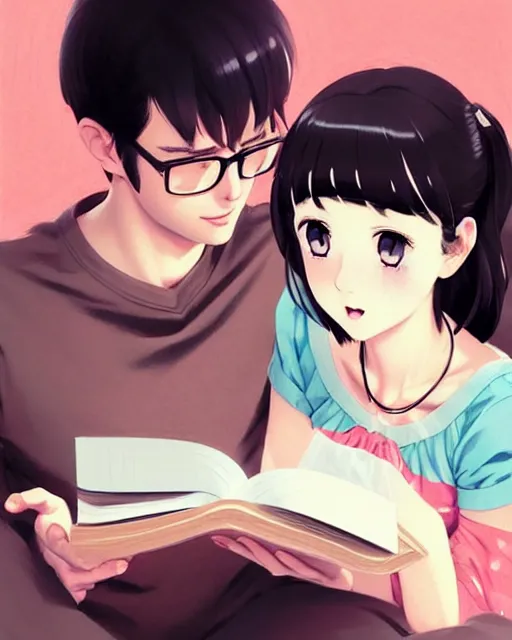 Image similar to cute girl reading book with her boyfriend, shy emotion. | very very anime!!!, fine - face, audrey plaza, realistic shaded perfect face, fine details. anime. very strong realistic shaded lighting poster by ilya kuvshinov katsuhiro otomo ghost, magali villeneuve, artgerm, jeremy lipkin and michael garmash and rob rey