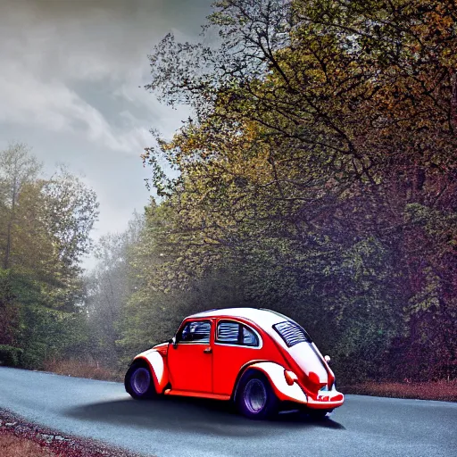 Image similar to promotional scifi - blockbuster movie scene of an insect - ladybug'glossy volkswagen beetle'hybrid, flying down a dusty backroad in smokey mountains tennessee. the hybrid is 2 / 3 ladybug. cinematic, muted dramtic color, 4 k, imax, 7 0 mm, hdr