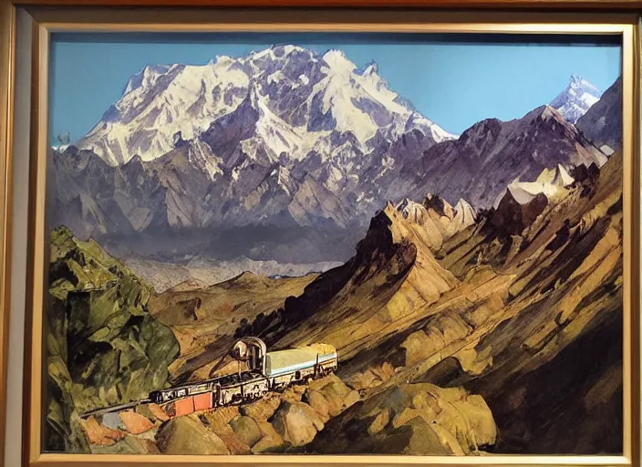 Prompt: a copic maker illustration of the andes mountain range in santiago de chile framed by a train window by john berkey norman rockwell and giorgio de chirico