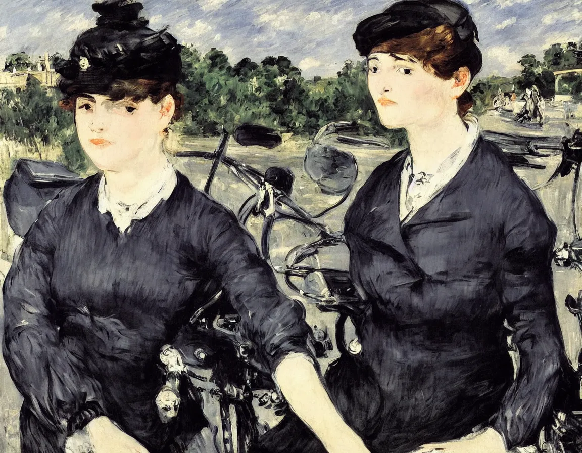 Image similar to edouard manet. a wide portrait of a marie from the side all dressed in black on a motorcycle on a highway looking over her shoulder towards us. blue sky. there is another motorcycle blurred in the background. precise thin brush strokes. expressive. emotional. modern.