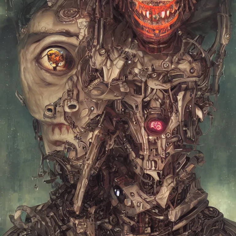 Image similar to portrait of a scary cyborg goblin, cyberpunk, Warhammer, highly detailed, artstation, illustration, art by Gustav Klimt and Range Murata and Ilya Kuvshinov and Sakimichan