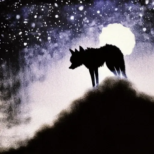 Prompt: black wolf,, night, sky full of stars and a full moon, dramatic black smoke everywhere, high detail, photorealistic, movie still, in the style of ben jeffery
