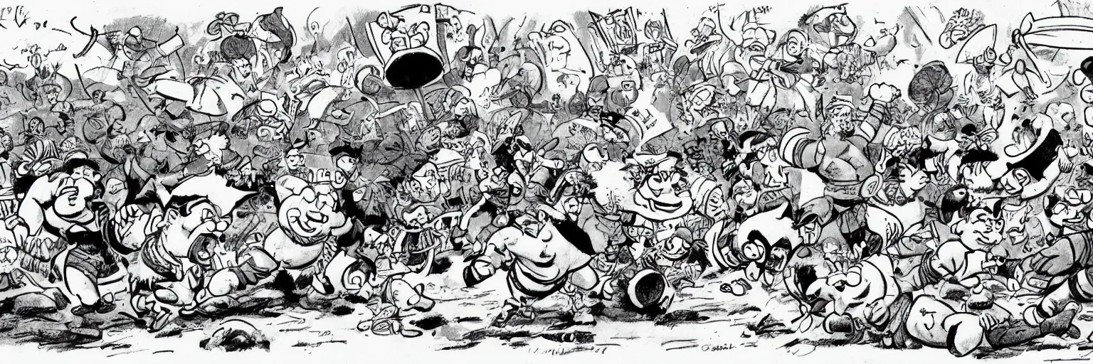 Prompt: a drawing of a fight with Asterix, Obelix, Tintin, Snowy, captain haddock. highly detailed