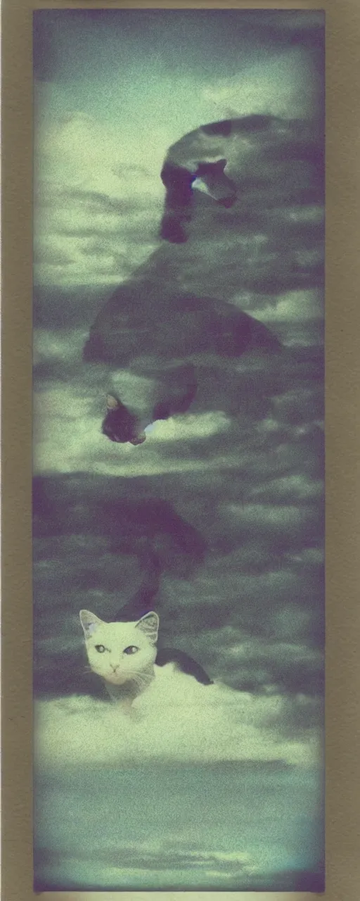 Prompt: polaroid of a dream cat double exposure sea high contrast