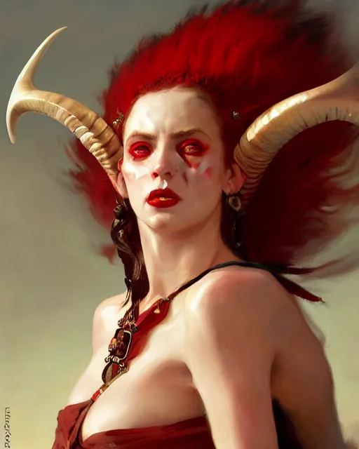 Prompt: painted close - up portrait of a red - skinned intimidating demon girl with ram horns. oil painting, wearing a noblewoman's outfit, fantasy art by greg rutkowski and john singer sargent and gaston bussiere and luis rollo, demon noble character design