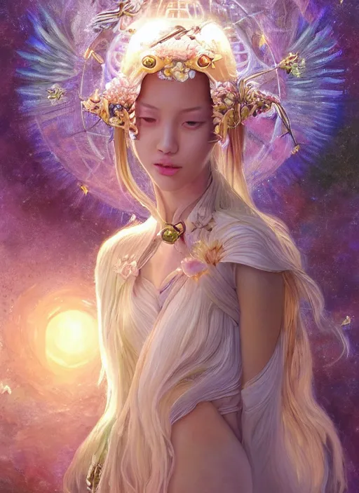 Image similar to portrait of Lalisa Manobal as a Celestial Goddess of a futuristic princess, inside future fighter, sci-fi, fantasy, intricate, lush garden spaceship with sakura season flowers, elegant, human anatomy, royal green and nature light, highly detailed, digital painting, artstation, concept art, smooth, sharp focus, illustration, art by tian zi and WLOP and alphonse mucha, masterpiece, 3d blender