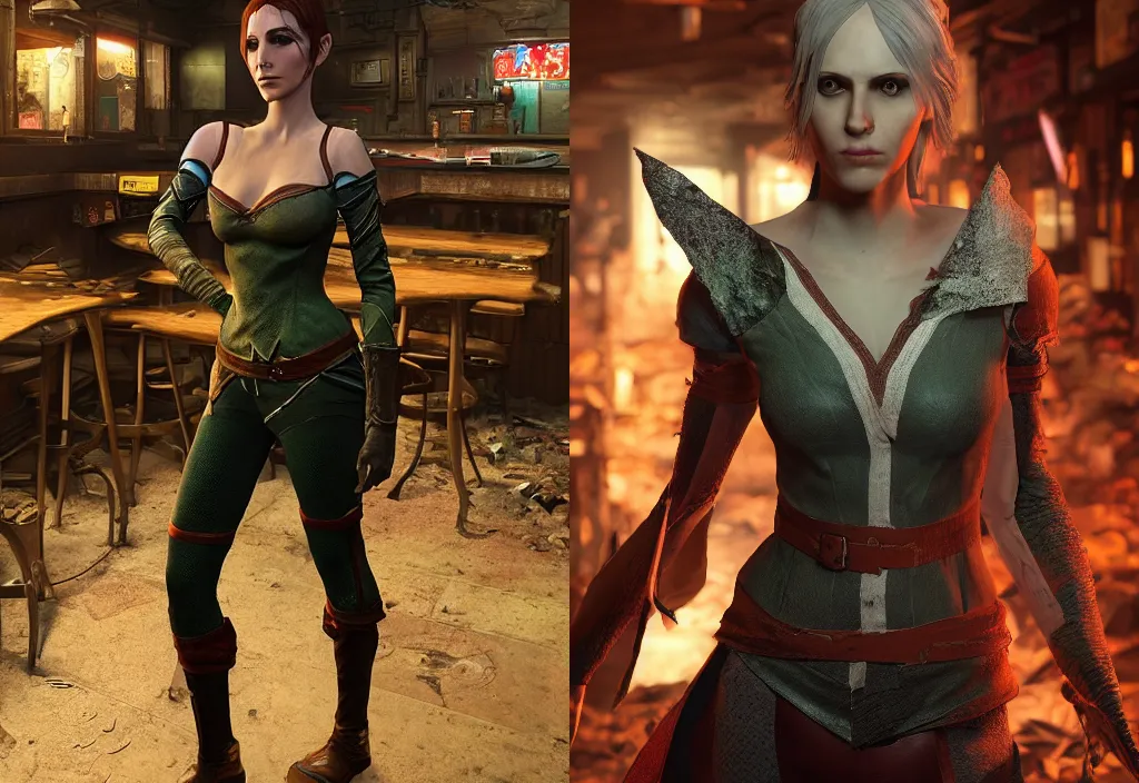 Prompt: full body 3 d model character portrait of a female lavellan from dragon age walking through a destroyed dive bar wearing inquisitor clothes, with a realistically proportioned face, realistically rendered face, realistically rendered clothing, enhance face, octane render, 8 k, realistic lighting, good value control, realistic shading, substance painter