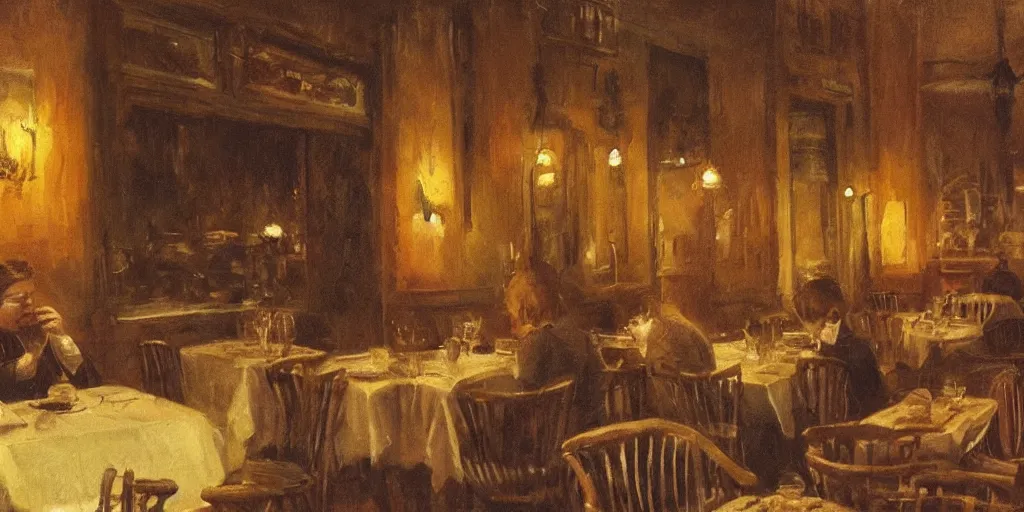 Image similar to brown cat with yellow eyes is sitting at table in a cafe at paris in early 2 0 th century. atmospheric feeling, warm colours, brown colours, yellow colours, epic scene, cinematic, very detailed, concept art