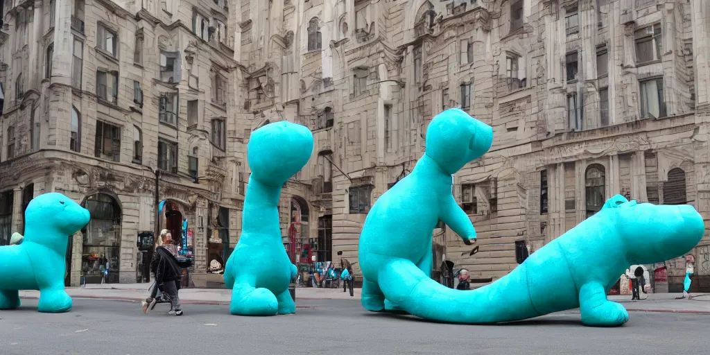 Prompt: huge turquoise wiener - shaped creatures walk around the city