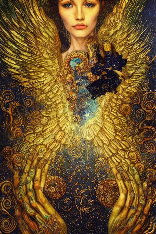 Image similar to Visions of Paradise by Karol Bak, Jean Deville, Gustav Klimt, and Vincent Van Gogh, visionary, otherworldly, celestial fractal structures, infinite angel wings, ornate gilded medieval icon, third eye, spirals, heavenly spiraling clouds with godrays, airy colors
