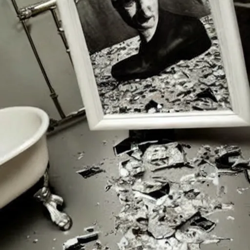 Image similar to a newspaper clipping with a photo showing a luxurious bathroom with a smashed mirror shattered on the floor