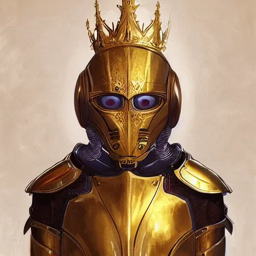 Image similar to portrait of an alien wearing a gold crown and a knight smooth and avanced armor, intricate, headshot, highly detailed, digital painting, artstation, concept art, sharp focus, cinematic lighting, digital painting, art by artgerm and greg rutkowski, alphonse mucha, cgsociety