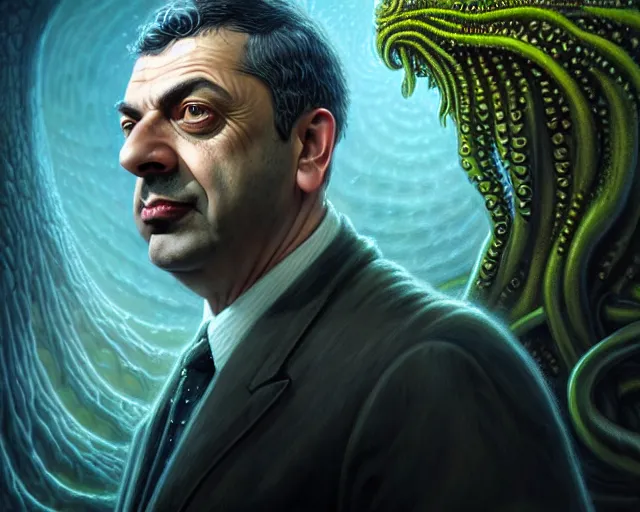 Image similar to lovecraft biopunk portrait of rowan sebastian atkinson, fractal background, cthulhu behind him, by tomasz alen kopera and peter mohrbacher