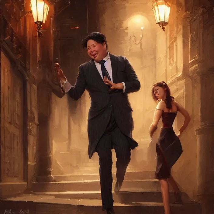 Prompt: michael mcintyre leaving a bar with with a singing waitress, elegant, real life skin, intricate artwork, high detailed, artstation, concept art, smooth, sharp focus, art by artgerm and greg rutkowski