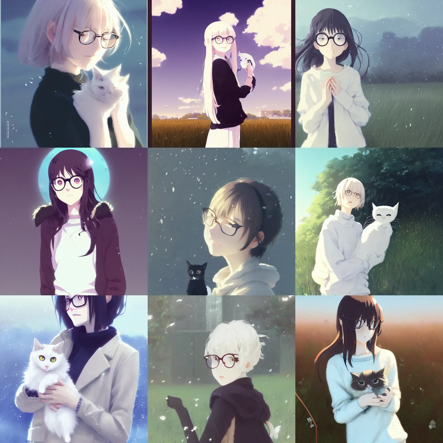 Prompt: cute girl holding cat white white pale hair white white pale hair white white pale hair in black sweater black glasses standing full body field background by greg rutkowski makoto shinkai kyoto animation key art feminine wlop smile