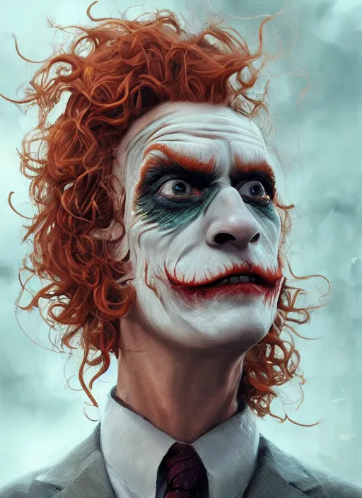 Image similar to portrait of a curly orange hair man looking like joker from batman, au naturel, hyper detailed, digital art, trending in artstation, cinematic lighting, studio quality, smooth render, unreal engine 5 rendered, octane rendered, art style by klimt and nixeu and ian sprigger and wlop and krenz cushart and marvel and dc