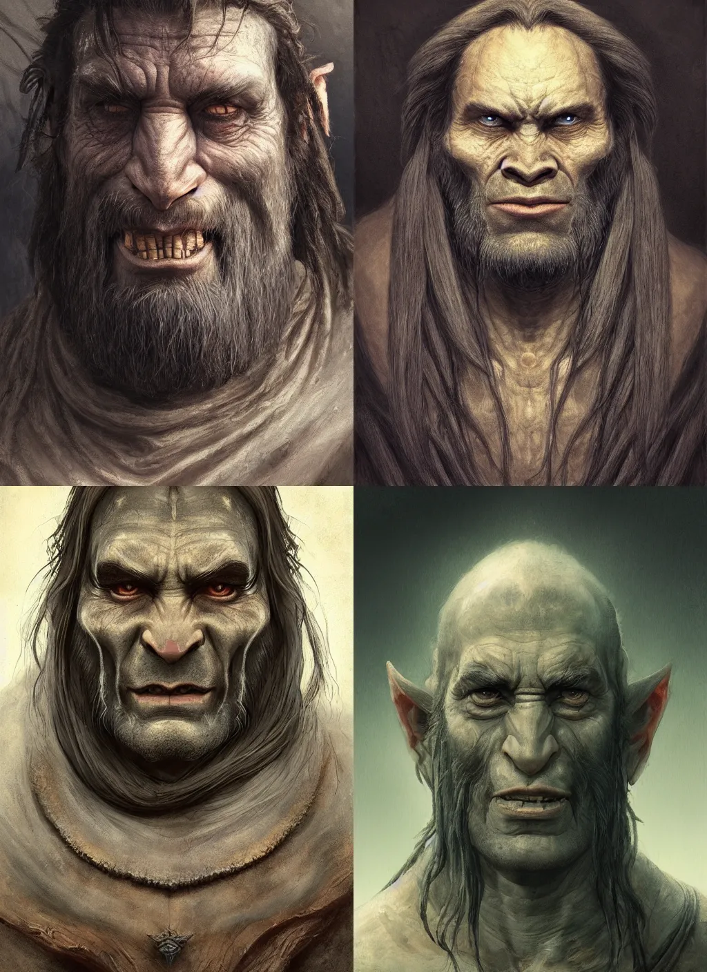 Image similar to portrait of a gentle and wise orc with long hairs in alan lee and marc simonetti and emil melmoth style , cinematic lighting