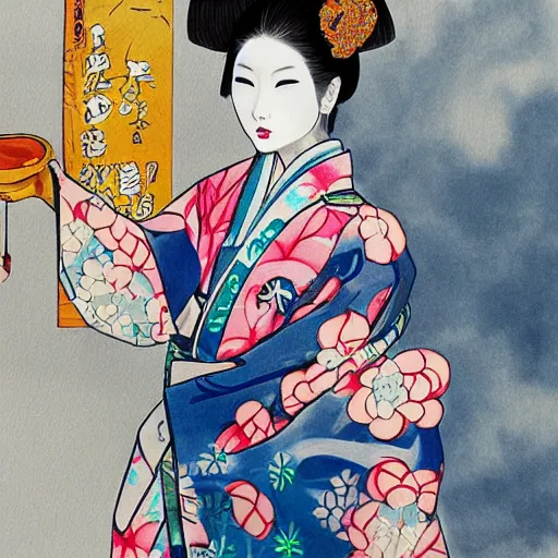 Image similar to a beautiful and detailed painting of a geisha in tokyo, cyberpunk style h 7 6 8