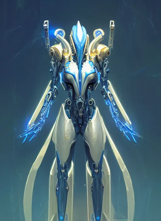 Image similar to benevolent cyborg necromancer, scifi, futurism, white, blue, gold, protoss, warframe, highly detailed, trending on artstation, soft light, sharp edges, illustration, character design, art by vitaly bulgarov and nivanh chanthara