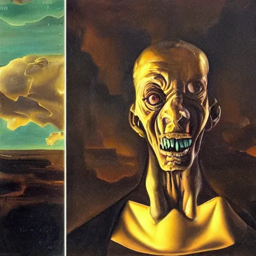 Image similar to Oil painting by Christian Rex Van Minnen and Salvador Dali of a portrait of an extremely bizarre disturbing mutated man with intense chiaroscuro lighting perfect composition