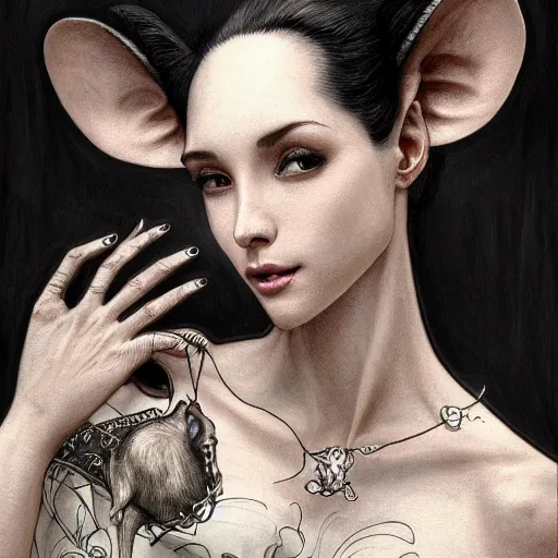 Image similar to a photograpic portrait of a anthropomorphic mouse wearing black clothes, black hair, grey skin, grey mouse ears, fantasy, intricate, elegant, highly detailed, digital painting, artstation, smooth, sharp focus, illustration, art by artgerm and H R Giger and alphonse mucha