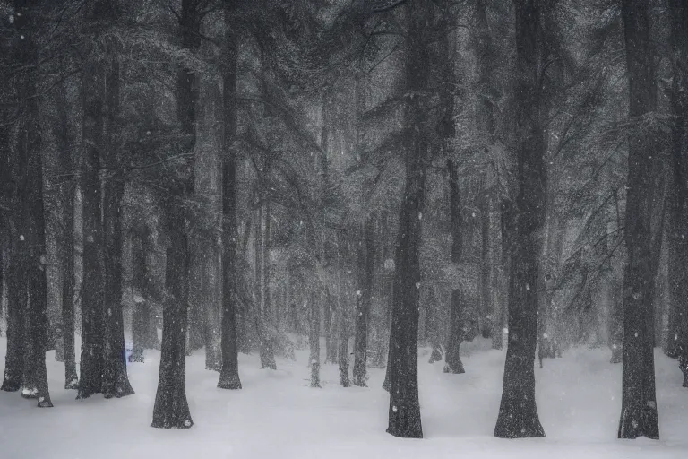 Prompt: portrait of pine trees in a forest during a blizzard. shadow and light. rays of light. energetic, dynamic, lively, detailed, intricate, complex. fine art by hayao miyazaki, akira toriyama, makoto shinkai, and ohara koson. studio lighting. tilt and shift lens. bokeh.