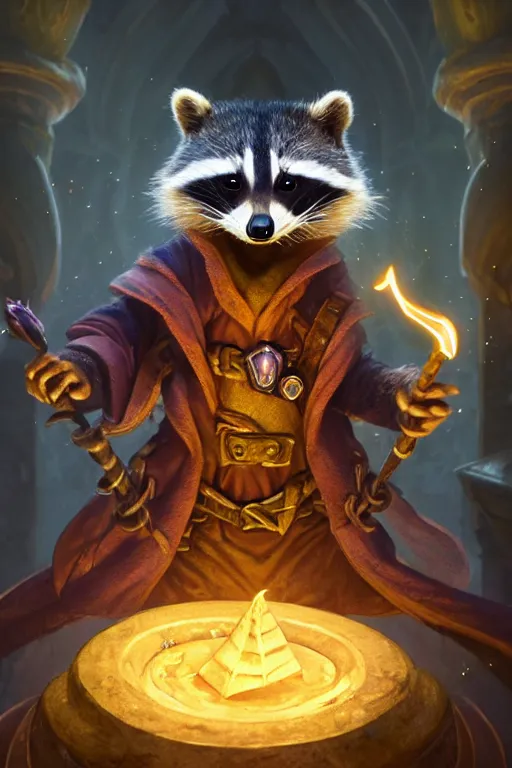 Image similar to closeup 3 5 mm anthropomorphic sorcerer raccoon casting a spell in a castle, d & d, fantasy, intricate, action pose, particle effects, highly detailed, digital painting, artstation, concept art, matte, sharp focus, volumetric lighting, illustration, hearthstone, art by artgerm, wlop, greg rutkowski and alphonse mucha