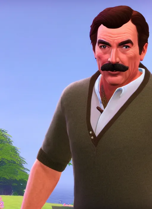 Image similar to film still of tom selleck as a sims character, gameplay, 8 k, hd