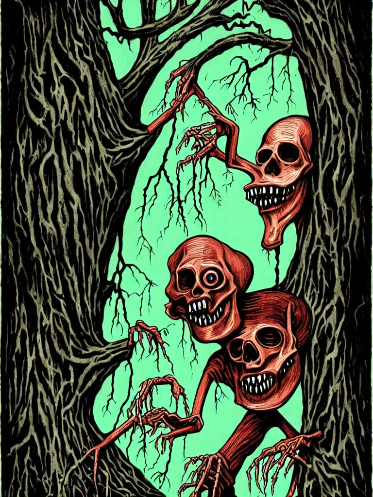 Prompt: full color vintage horror illustration of a freaky ghoul under dead trees with toilet paper streaming down, spooky lighting, pinterest