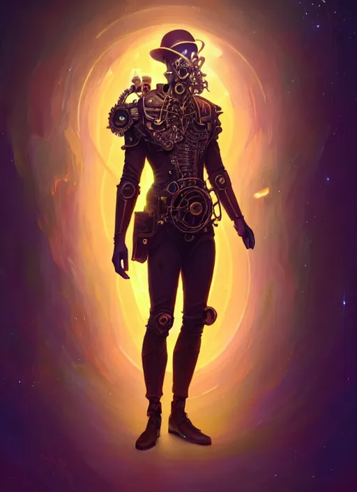 Image similar to a male steampunk faceless glowing liquefied stardust adventurer, dnd fantasy character, full body portrait, glowing neon skin, magical aura, ultra realistic, intricate, elegant, highly detailed, digital painting, artstation, smooth, sharp, focus, illustration, art by artgerm and greg rutkowski and alphonse mucha and dan mumford, sacred geometry, psychedelic