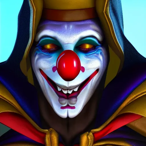 Image similar to a digital art close up portrait of hooded clown jester bard in style of d & d character, handsome warlock character sheet, 4 k, ultra detail, volumetric lighting, unreal engine, octane render, grimdark