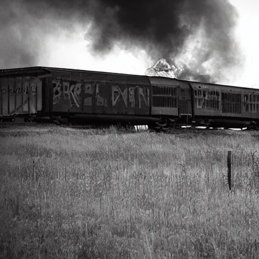 Image similar to Old boxcar train on the railroad, fire in the background, atmospheric and depressed, post-apocalyptic, Cinematic, film still from a horror movie