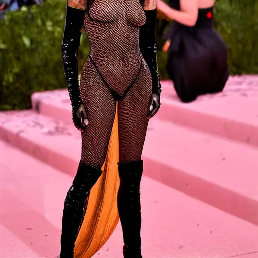 Prompt: incredible daring outfit, met gala, 4 k, ultra realistic, highly detailed, epic lighting